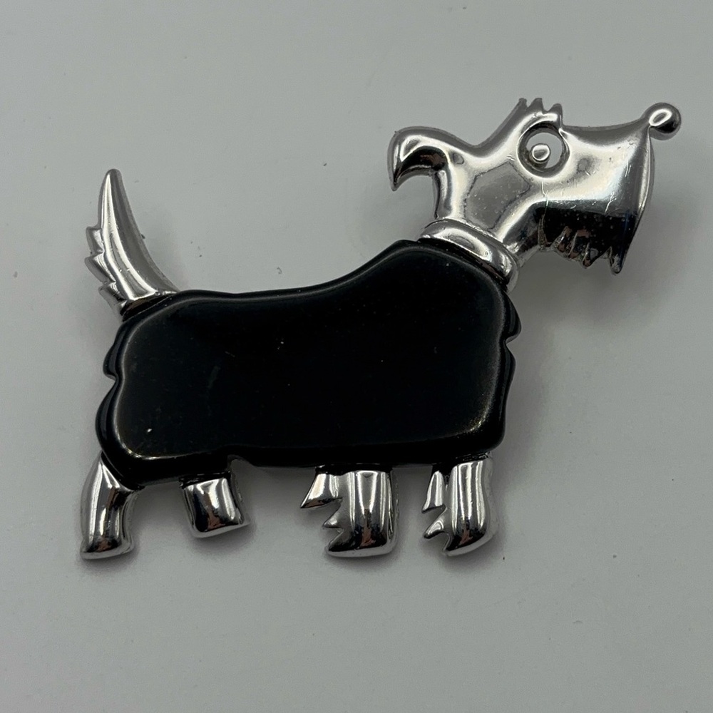 Large Silver-Tone & Black Enamel Scottie Dog Brooch Pin